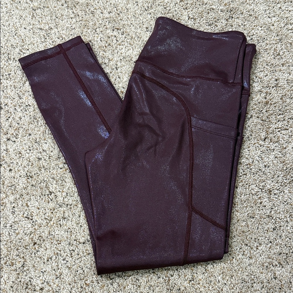 High-Waist Metallic Maroon Leggings with Side Pocket EUC Size 8-10
